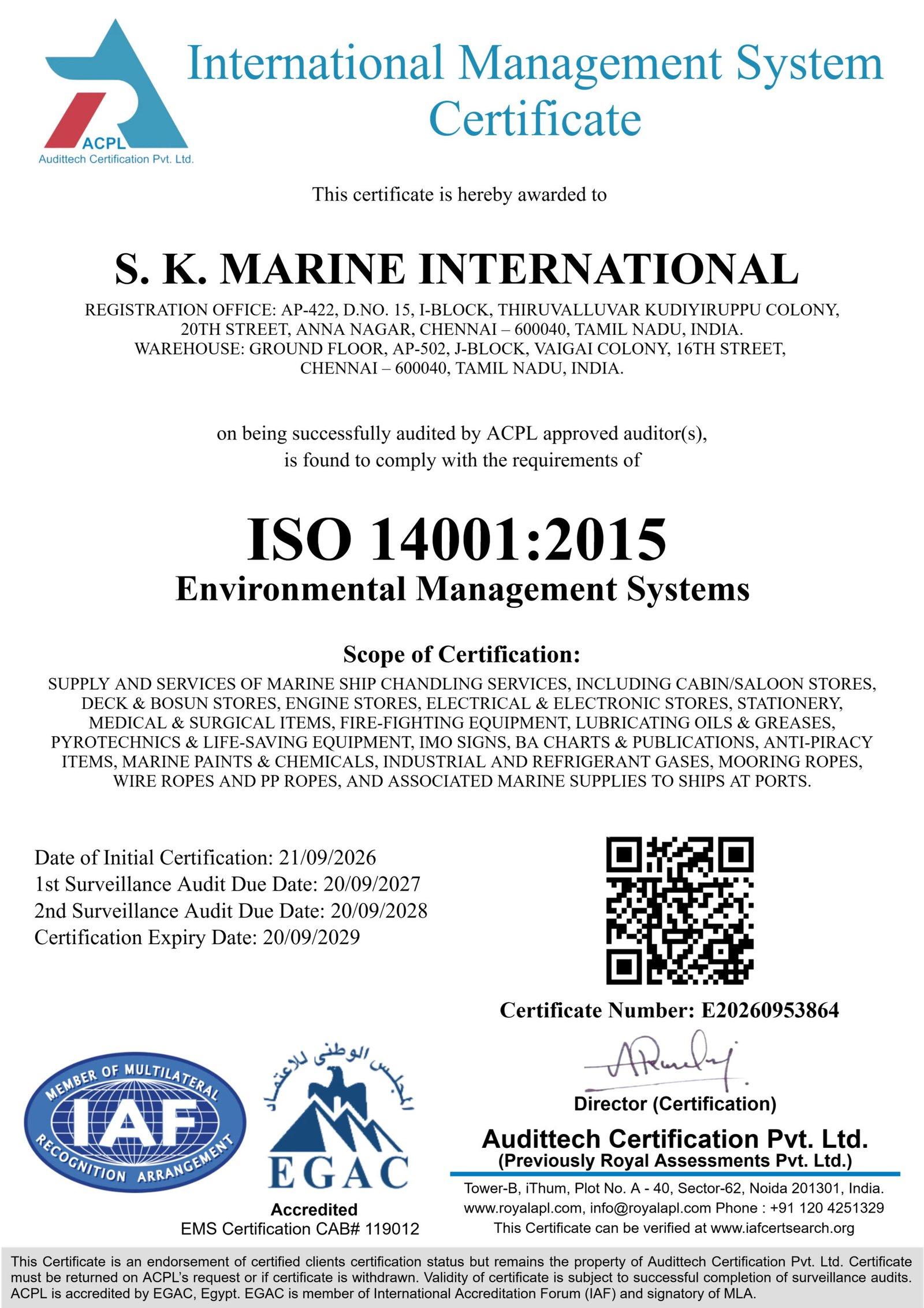 S.K. Marine International ISO 14001:2015 Environmental Management System certificate