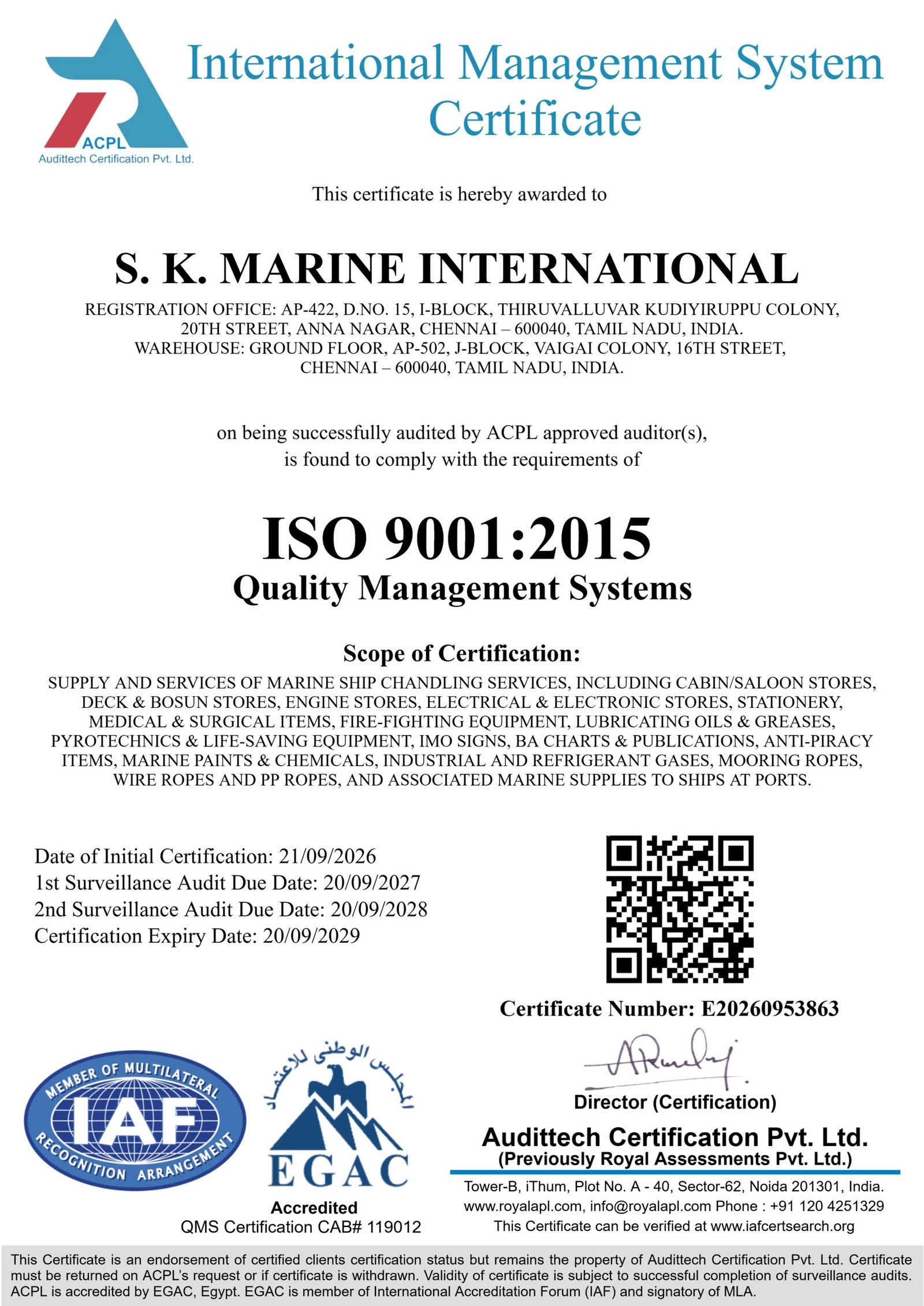 S.K. Marine International ISO 9001:2015 Quality Management System certificate
