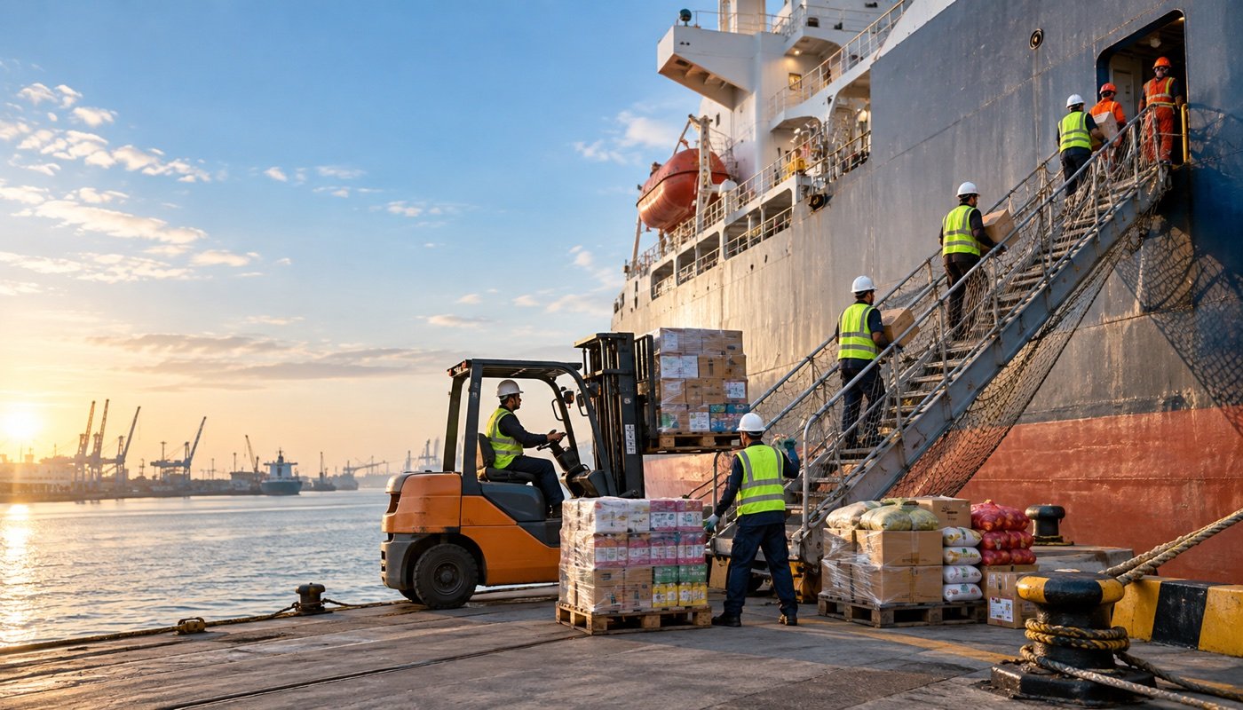 Ship's crew in high-visibility vests carrying provisions up a vessel's accommodation ladder while a forklift lands pallets of stores on the quay at sunrise.