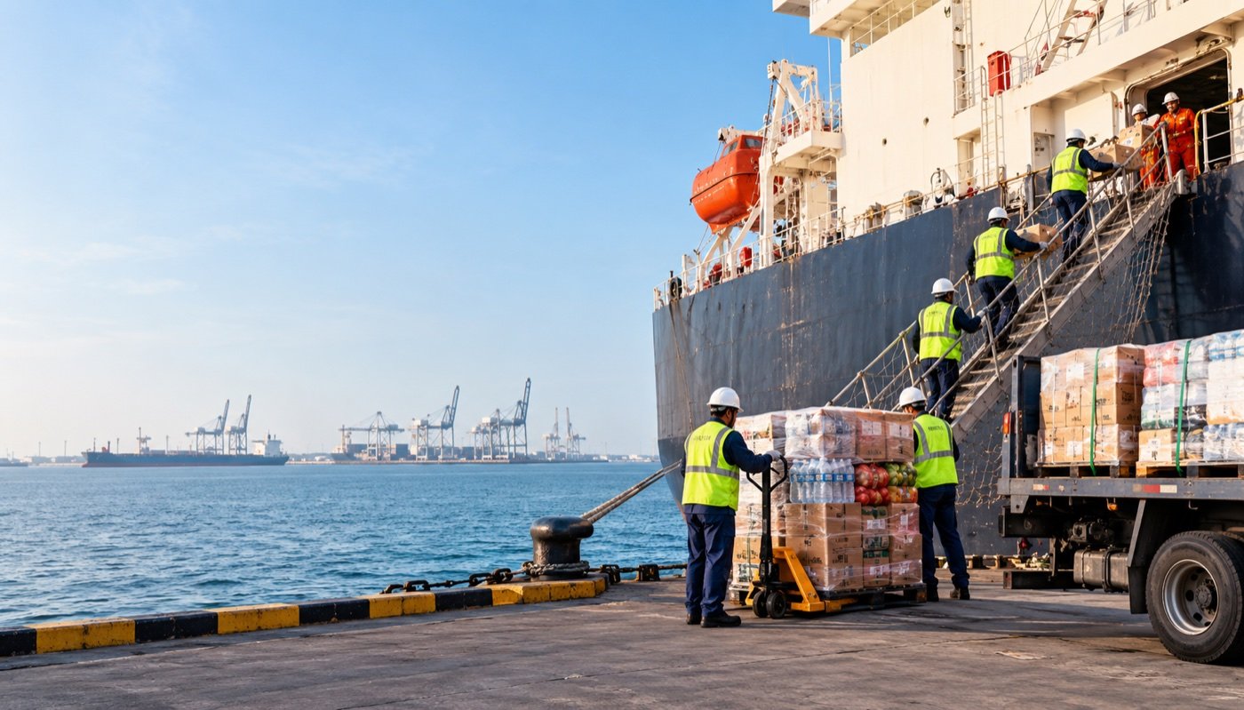 Crew moving a pallet of fresh provisions and bottled water from a delivery truck to a vessel's gangway.