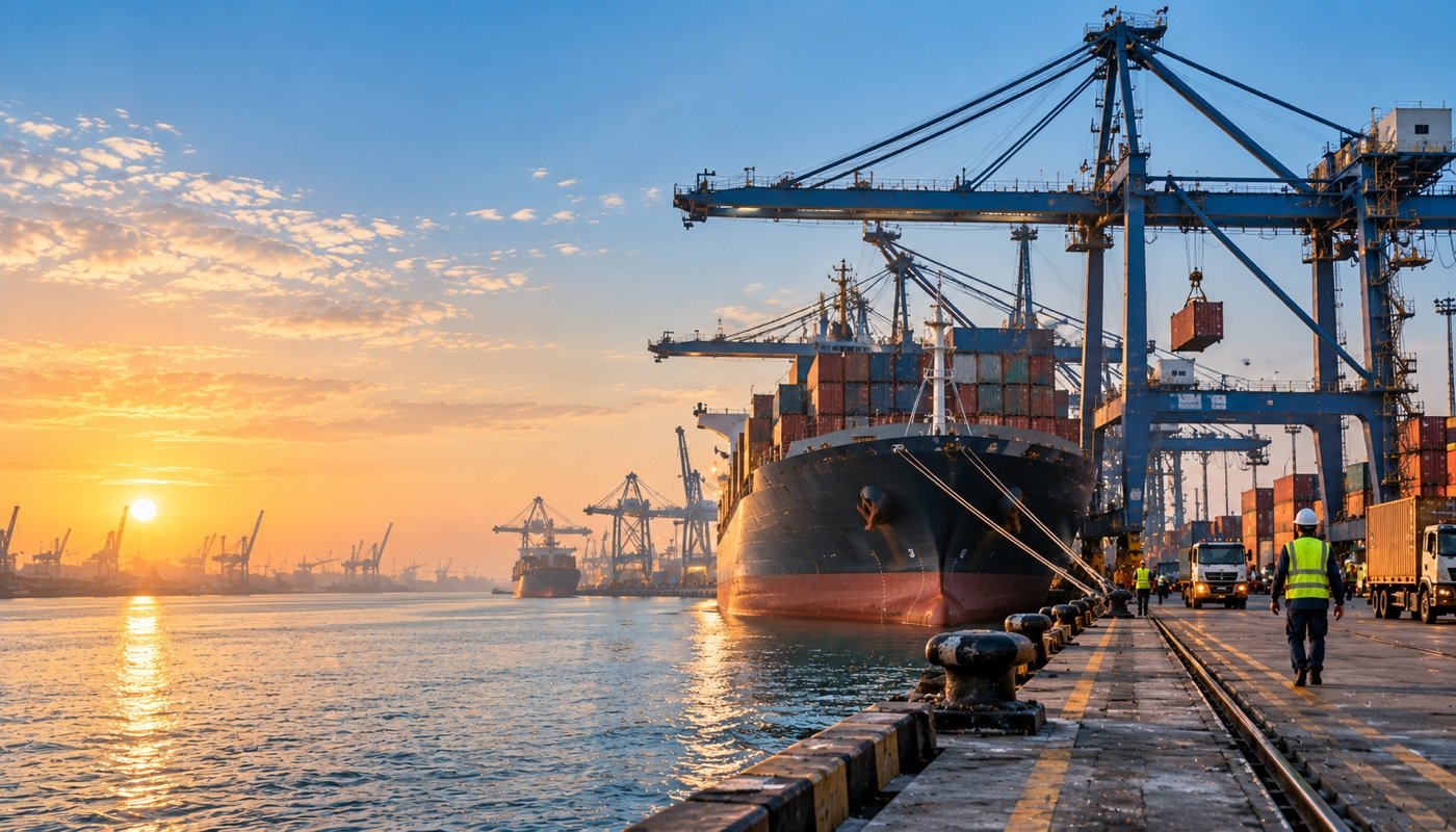 Container vessel at berth in an Indian commercial seaport at dawn, gantry cranes working cargo.